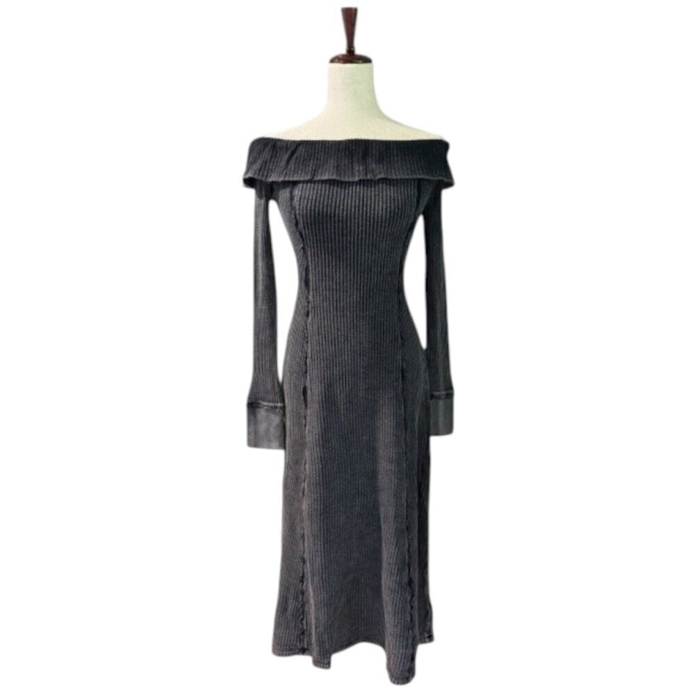 Free People Monty Midi Dress Black Off the Shoulder Long Sleeve Waffle Knit Sml - Picture 4 of 16